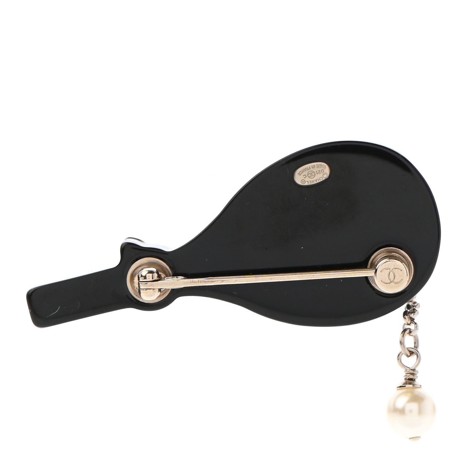 Chanel Pearl Strass Resin Crystal CC Tennis Racket Brooch Gold Black Pearly White 3 of 5