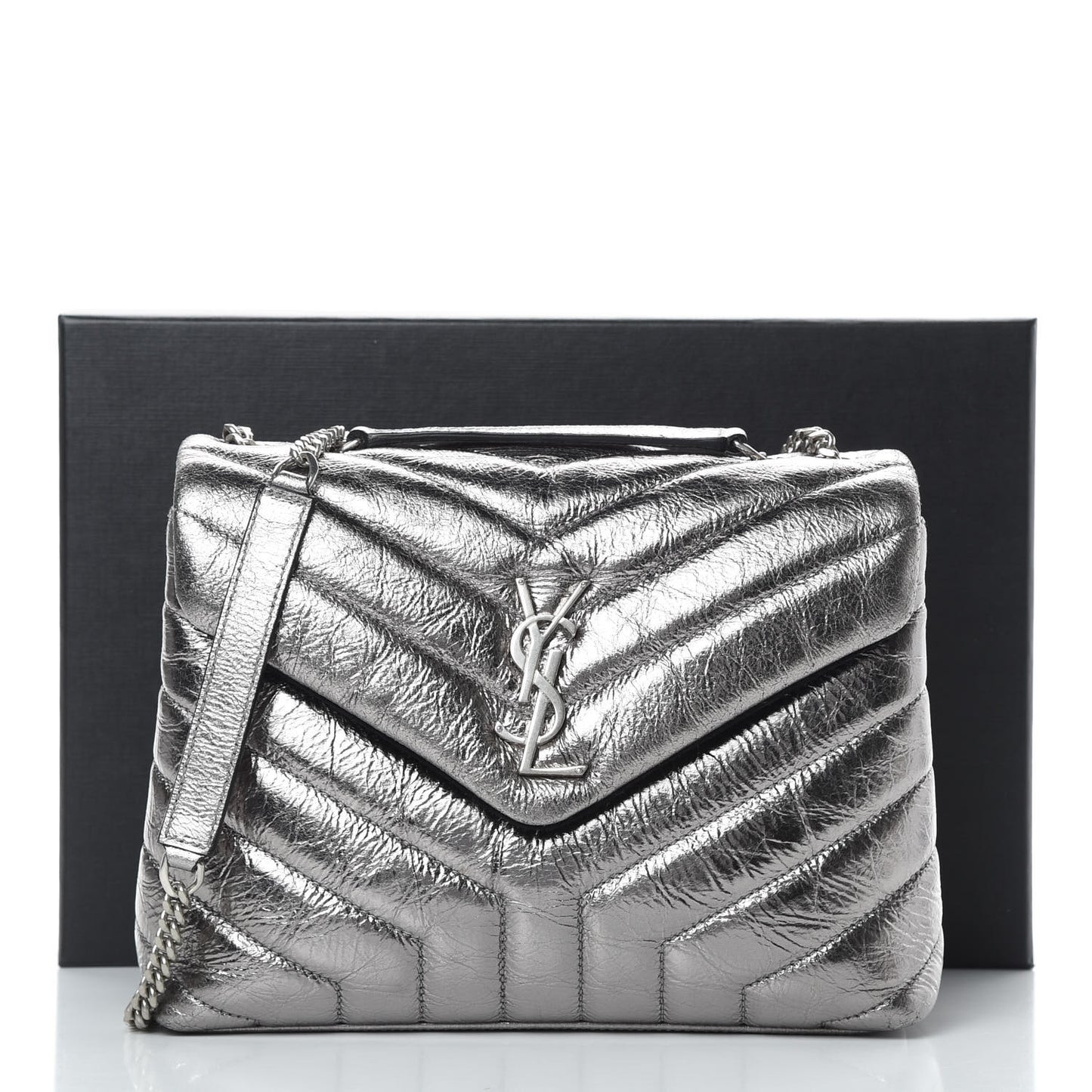 Metallic Calfskin Y Quilted Monogram Small Loulou Chain Satchel Acciaio