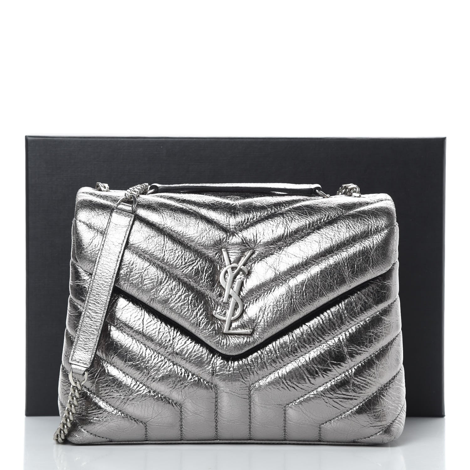 Saint Laurent Metallic Calfskin Y Quilted Monogram Small Loulou Chain Satchel Acciaio 13 of 13
