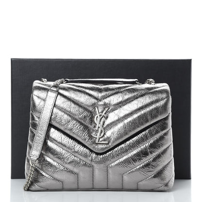Saint Laurent Metallic Calfskin Y Quilted Monogram Small Loulou Chain Satchel Acciaio 13 of 13