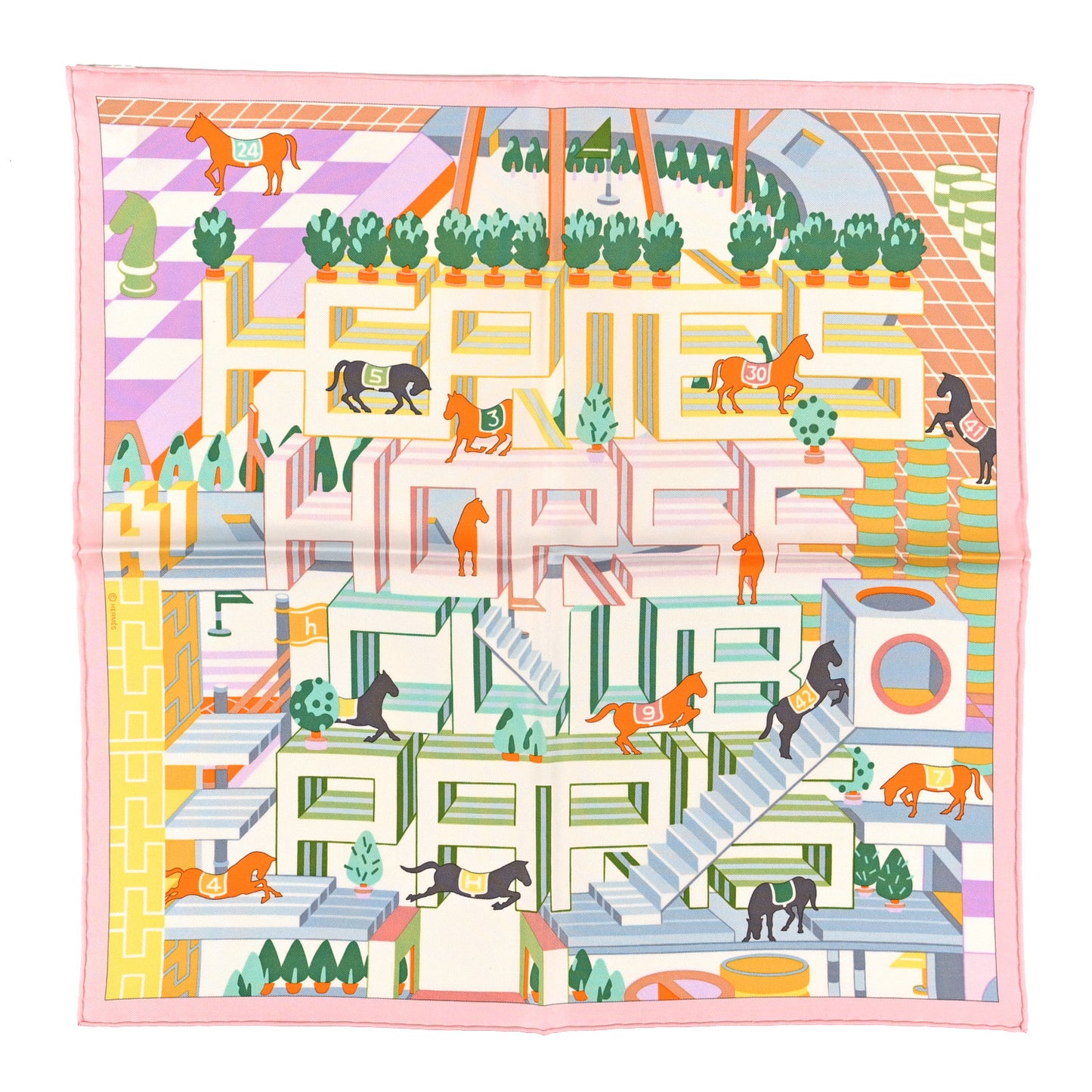 Silk Horse Club Detail Scarf 45 Rose Pale Vert Jaune
