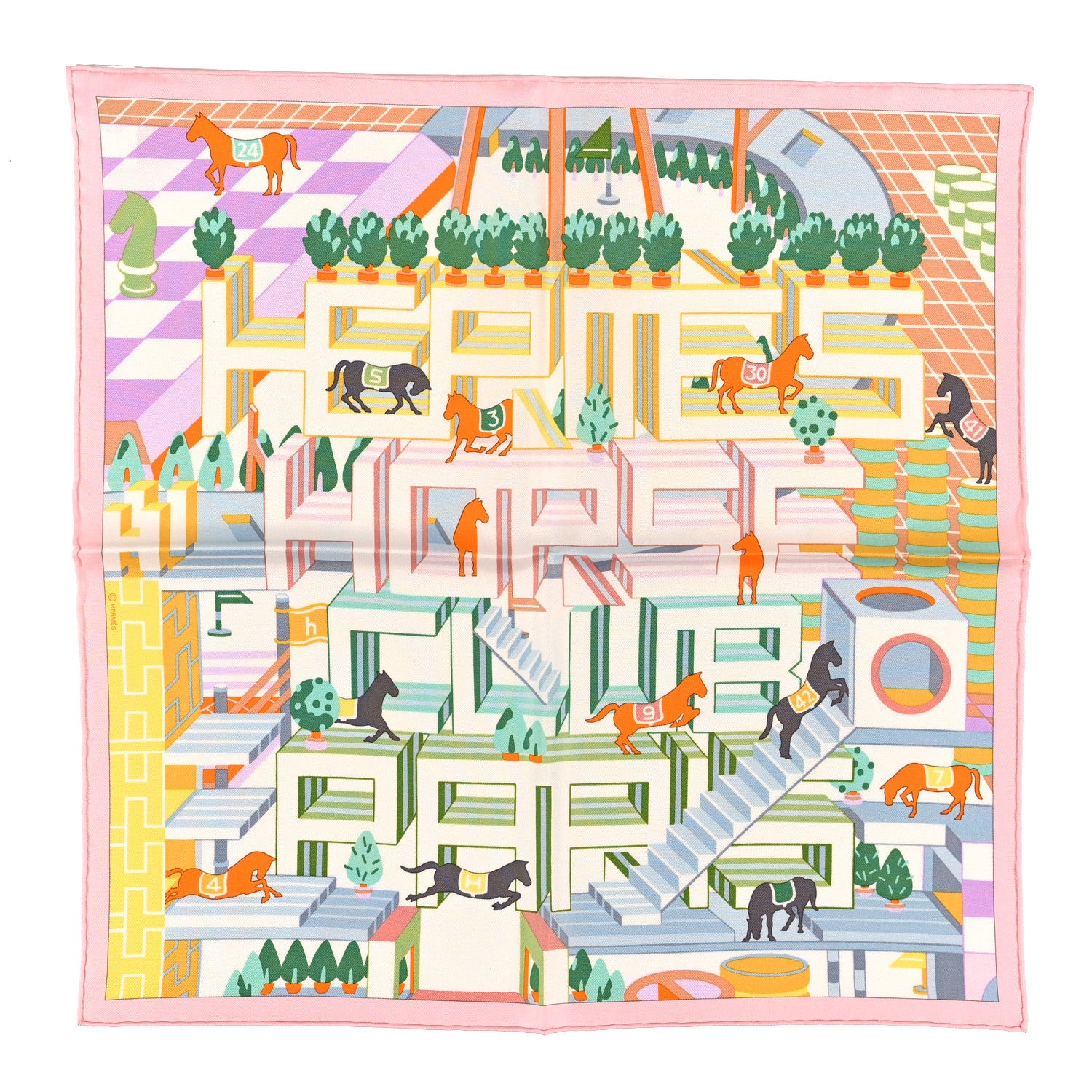 Hermes Silk Horse Club Detail Scarf 45 Rose Pale Vert Jaune 1 of 3