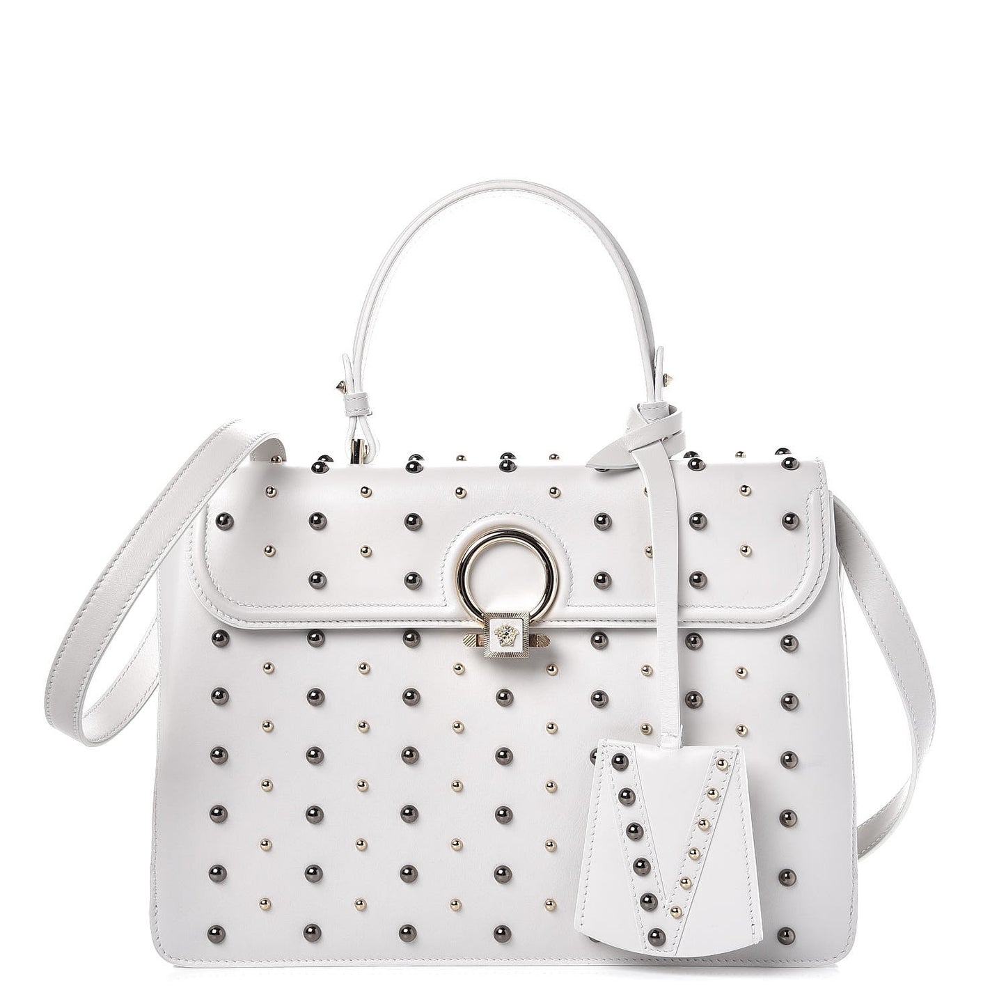 Calfskin Studded Large DV One Satchel White