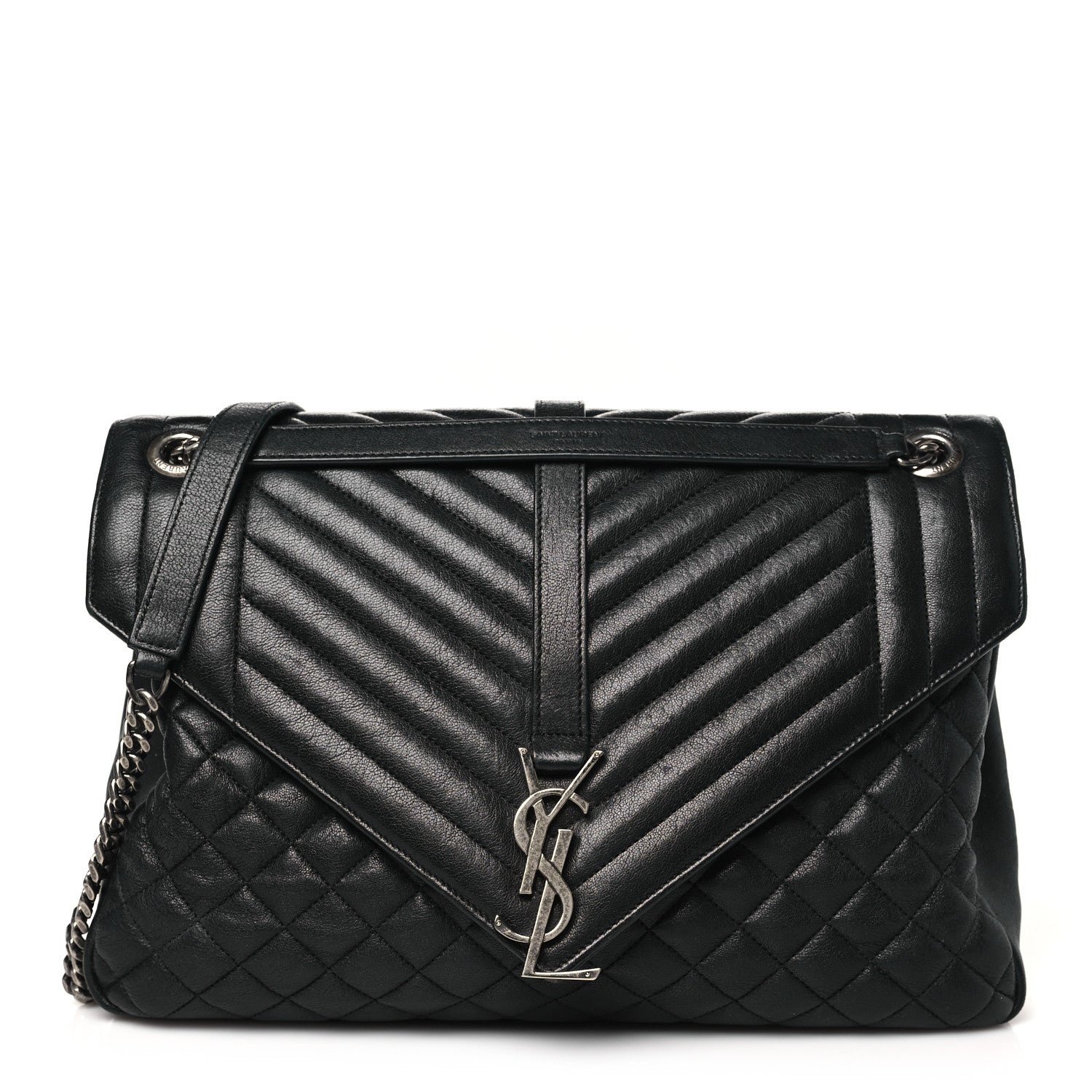 Saint Laurent Calfskin Mixed Matelasse Triquilt Large Monogram Satchel Black 1 of 10