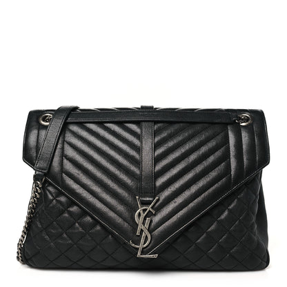 Saint Laurent Calfskin Mixed Matelasse Triquilt Large Monogram Satchel Black 1 of 10