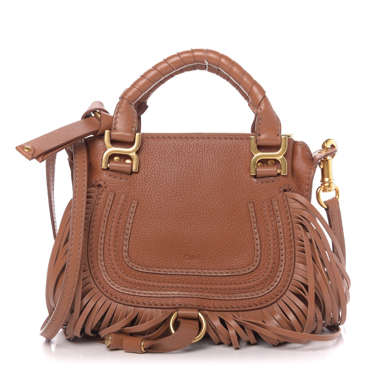 Shiny Small Grain Calfskin Mini Marcie Multi Fringe Satchel Tan