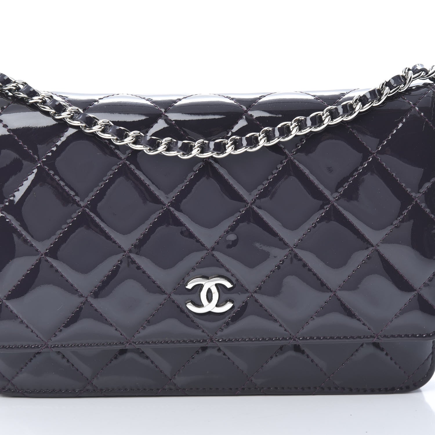 Chanel Patent Quilted Wallet On Chain WOC Dark Purple 9 of 12