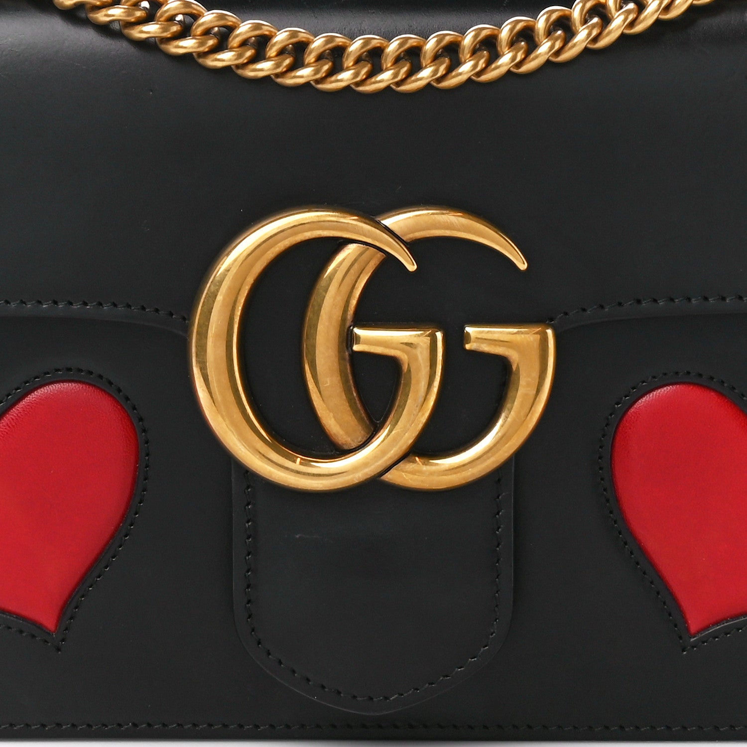 Gucci Knight Calfskin Malaga Kid Heart Medium GG Marmont Chain Handle Bag Black Hibiscus Red Multicolor 9 of 15