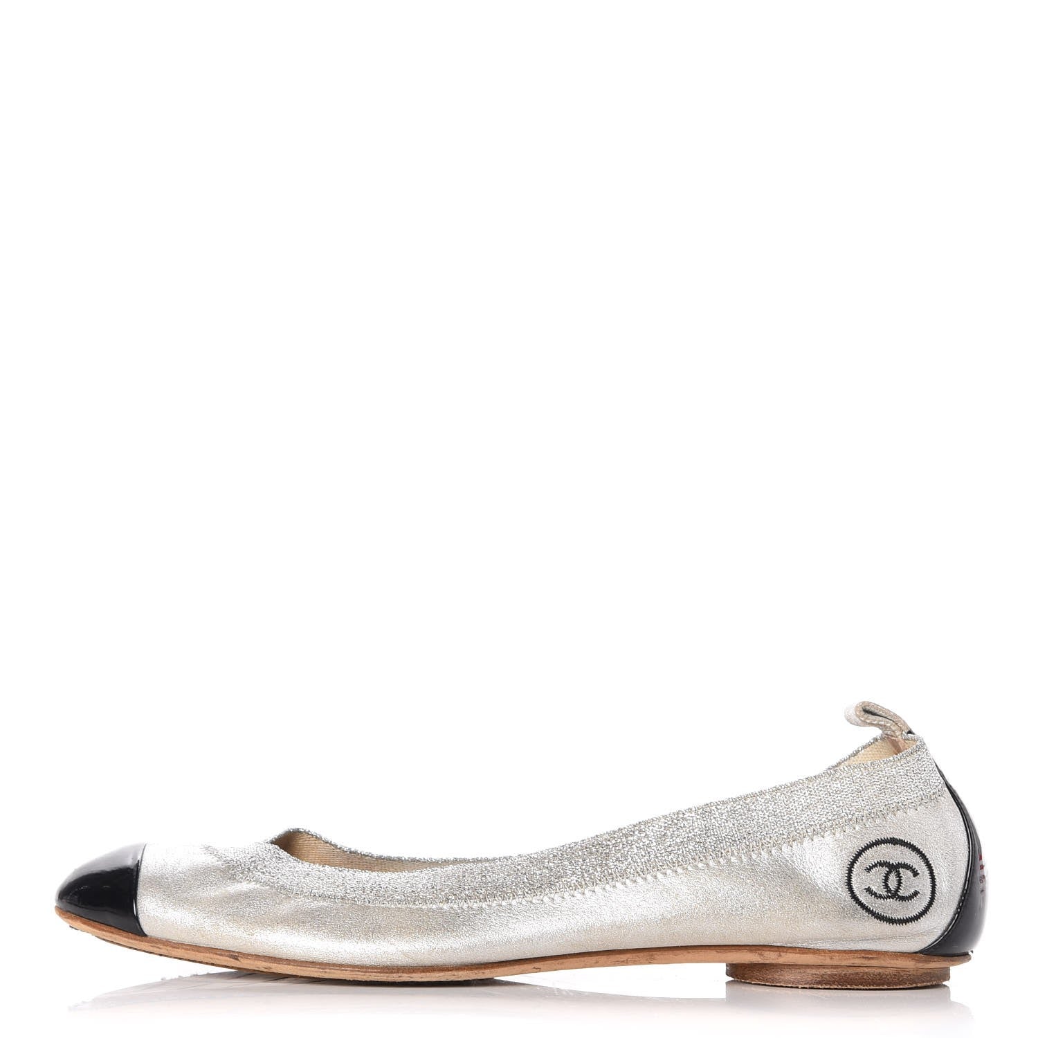 Chanel Metallic Lambskin Patent CC Cap Toe Ballerina Flats 40 Silver Black 1 of 11