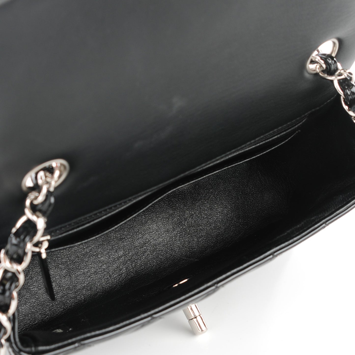 Patent Calfskin Quilted Mini Rectangular Flap Black