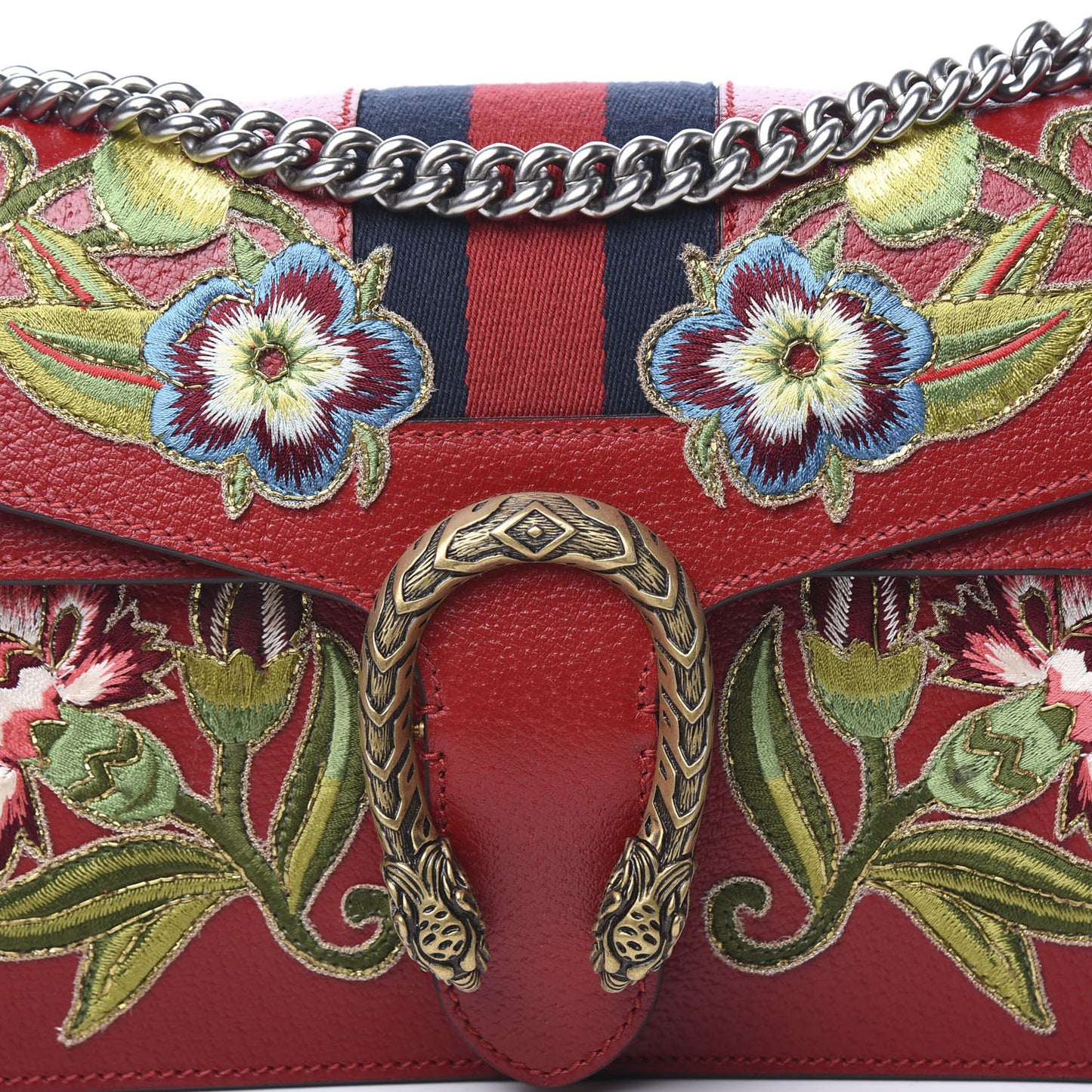 Calfskin Web Floral Embroidered Small Dionysus Shoulder Bag Hibiscus Red