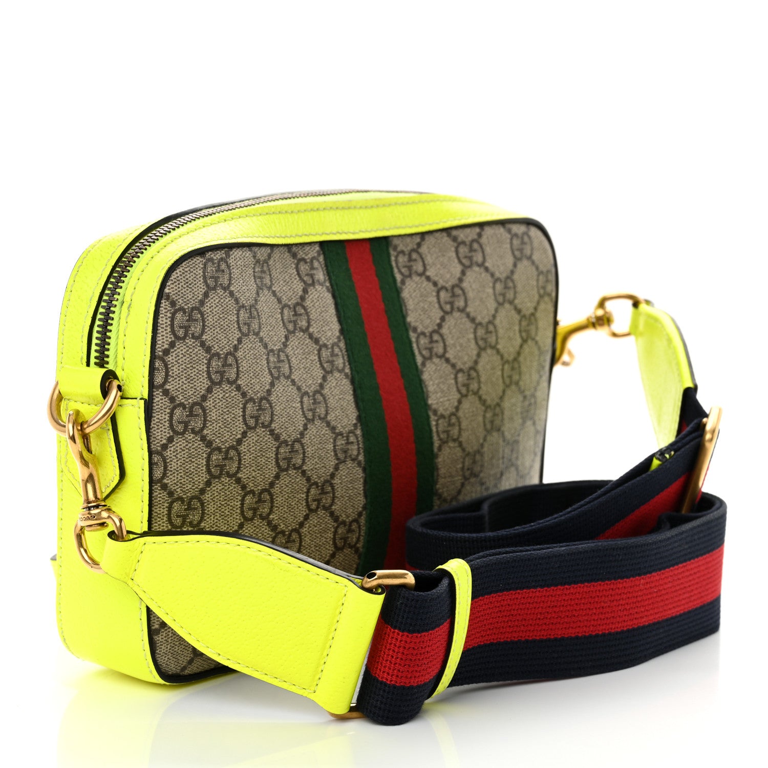 Gucci GG Supreme Monogram Textured Dollar Calfskin Web Ophidia Wristlet Shoulder Bag Beige Ebony Fluo Yellow 3 of 11