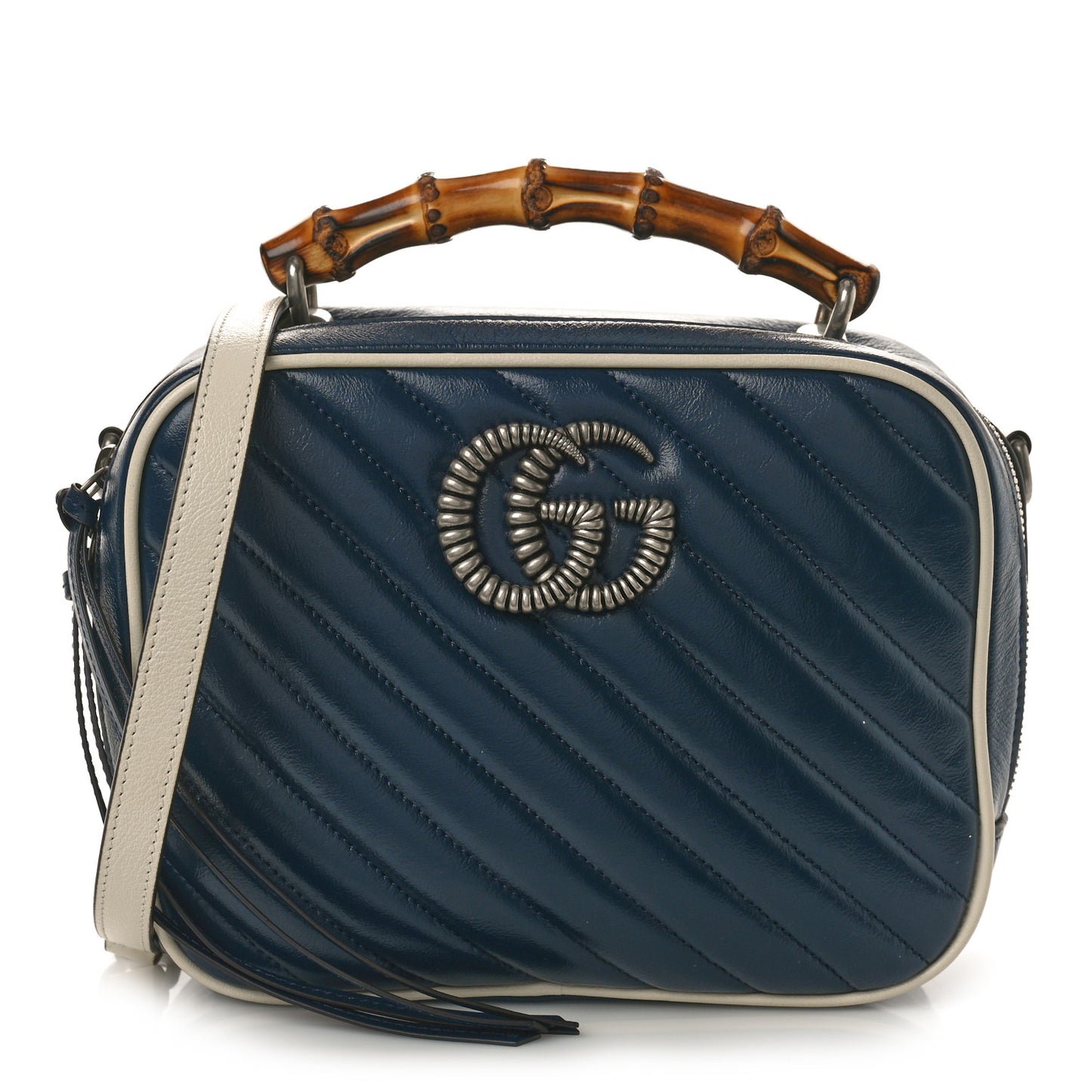 Vintage Effect Calfskin Matelasse Diagonal Small Torchon GG Marmont Bamboo Top Handle Shoulder Bag Blue Agata Mystic White