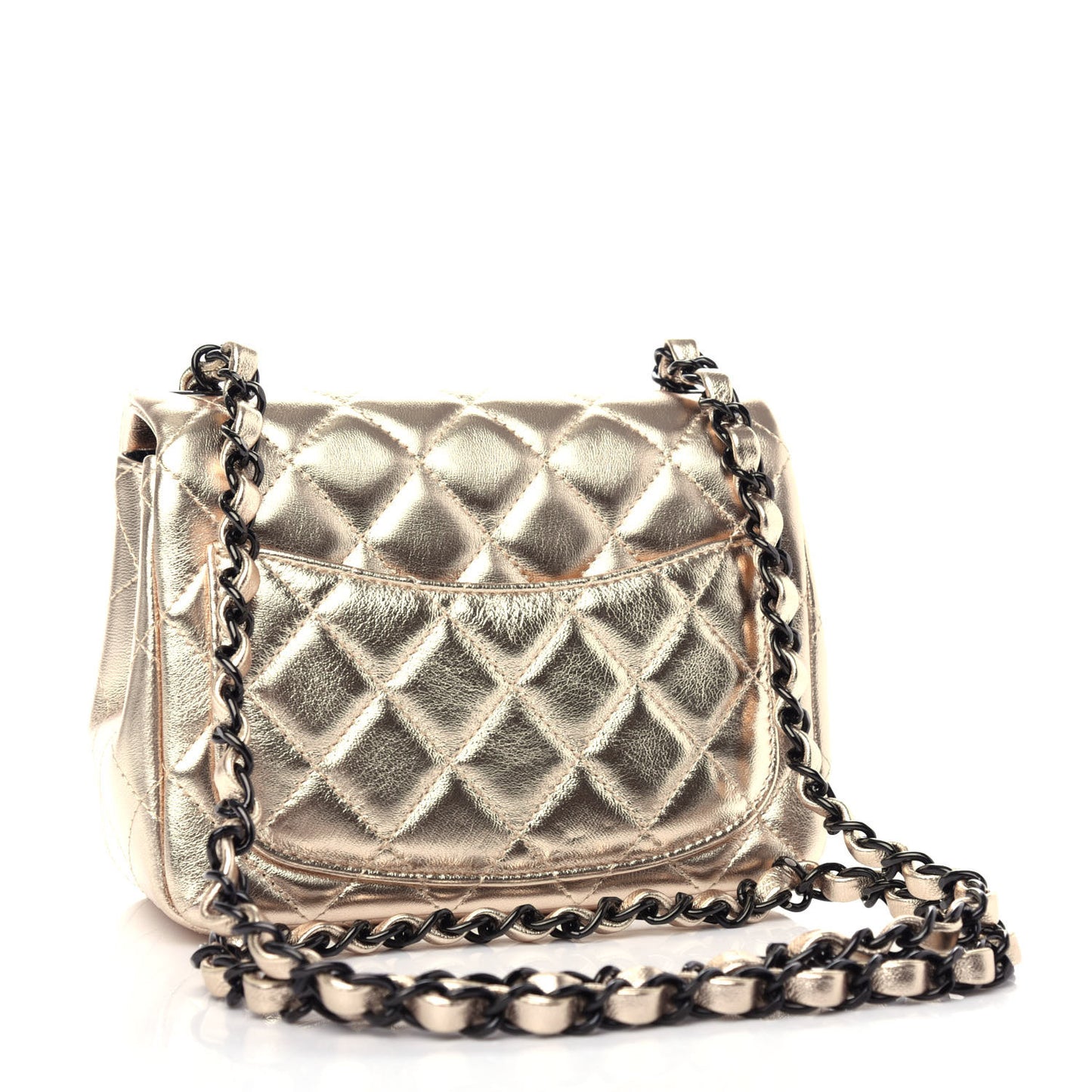 Metallic Lambskin Quilted Mini Square Flap Gold Black