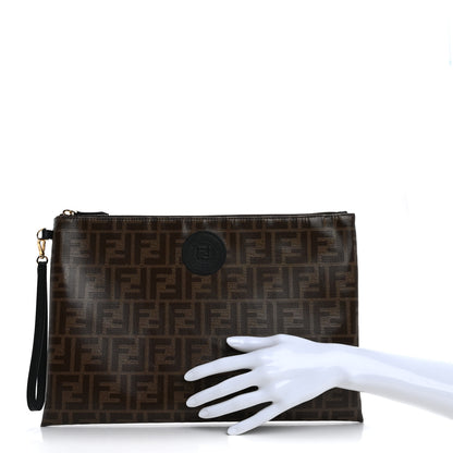 Fendi Glazed Fabric Vitello Century FF 1974 Stamp Patch Large Flat Pouch Mogano Panna Black 2 of 13