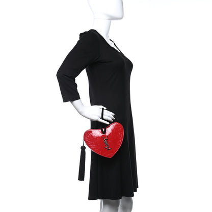 Saint Laurent Patent Crocodile Embossed Sac Coeur Heart Shaped Clutch Red 2 of 11