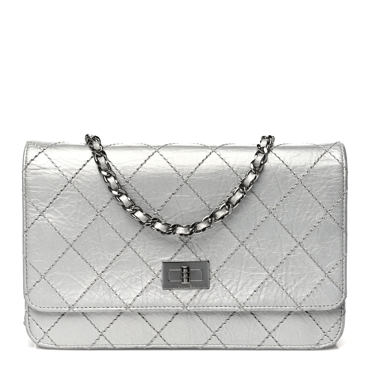 Metallic Aged Calfskin Quilted Reissue Wallet On Chain WOC Silver