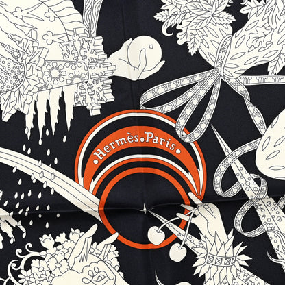 Hermes Silk Twill La Sacre Des Saisons Scarf 90 Bleu Black Creme Potiron 2 of 3