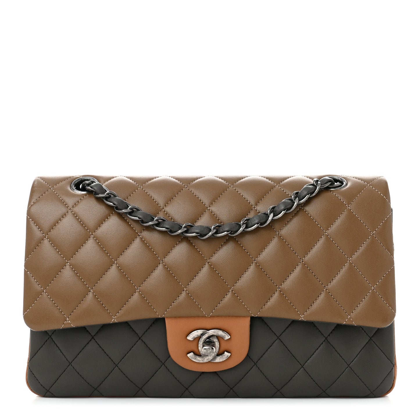 Lambskin Quilted Tri-Color Medium Double Flap Brown Grey Light Brown