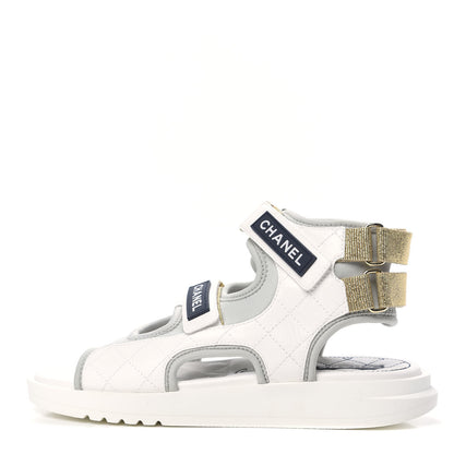 Chanel Goatskin Fabric Gladiator Sandals 37.5 Grey Navy Blue 1 of 8