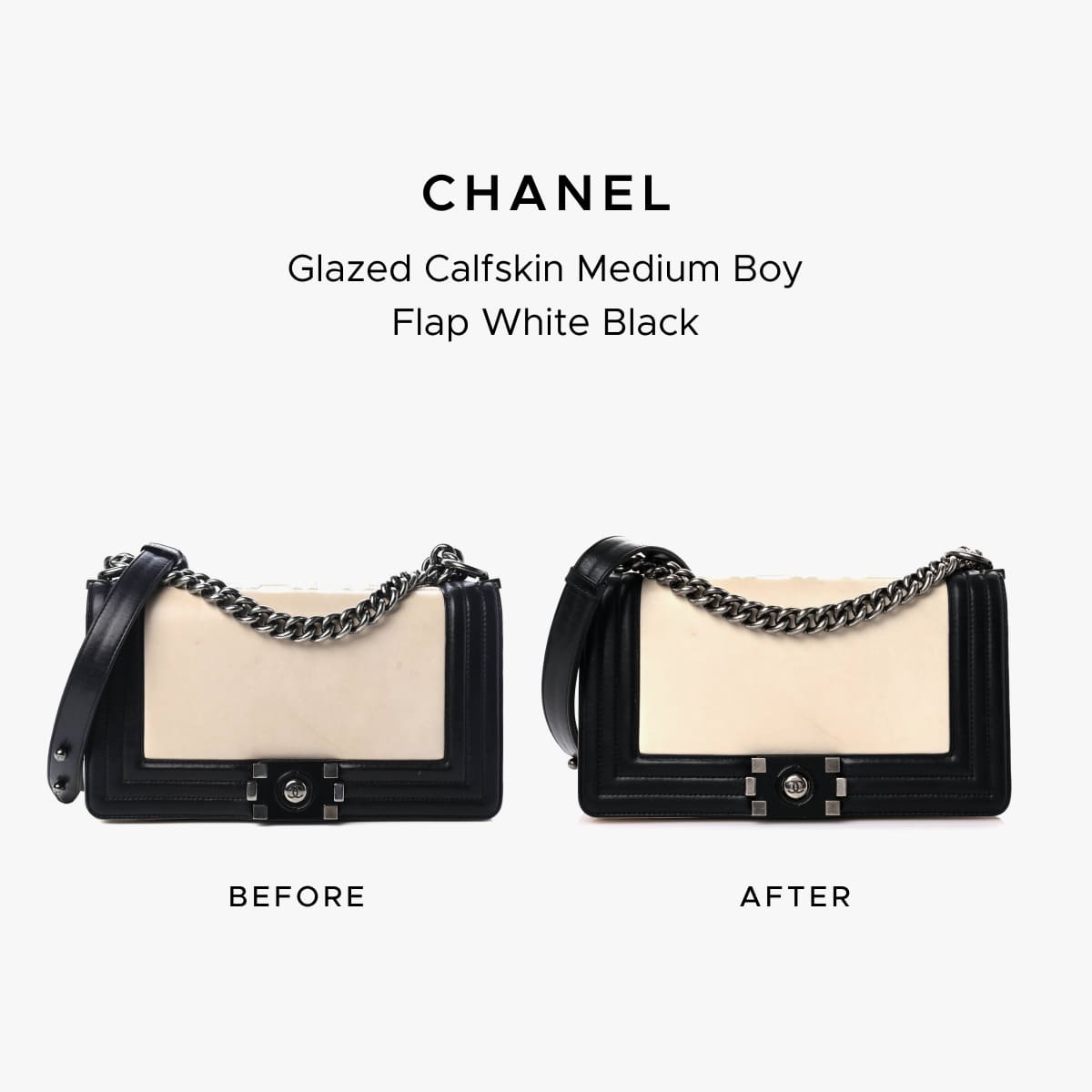Chanel Boy Flap before-and-after photo showing the restoration work of FASHIONPHILE Atelier.