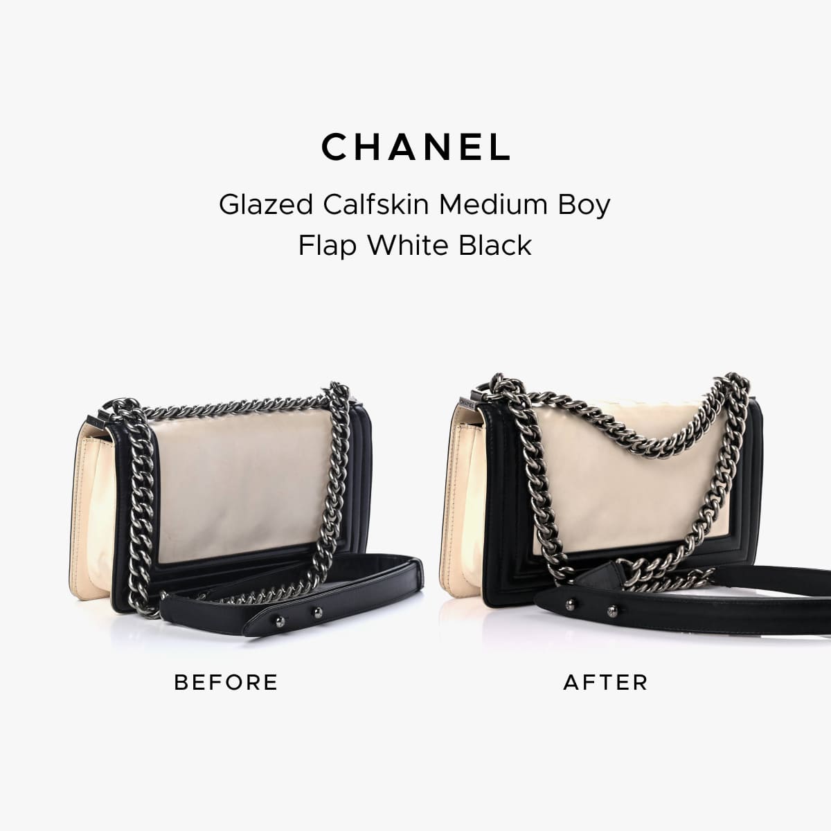 Chanel Boy Flap before-and-after photo showing the restoration work of FASHIONPHILE Atelier.