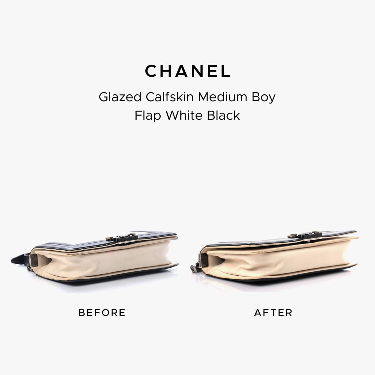 Chanel Boy Flap before-and-after photo showing the restoration work of FASHIONPHILE Atelier.
