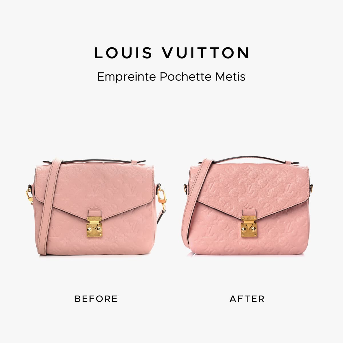 Louis Vuitton Pochette Metis before-and-after photo showing the restoration work of FASHIONPHILE Atelier.