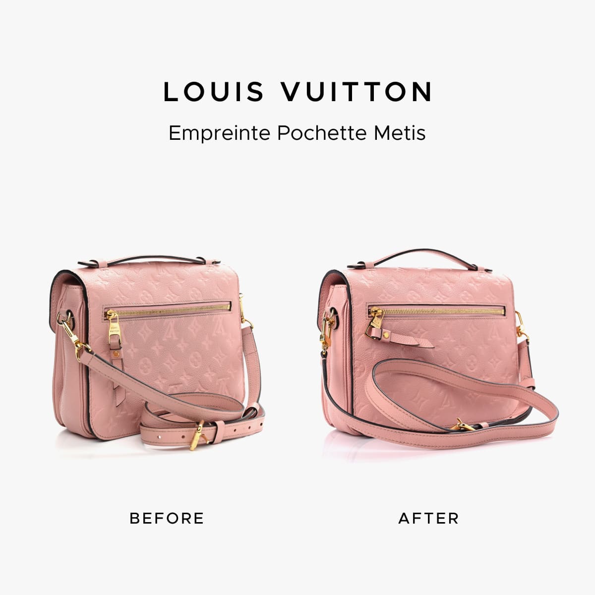 Louis Vuitton Pochette Metis before-and-after photo showing the restoration work of FASHIONPHILE Atelier.