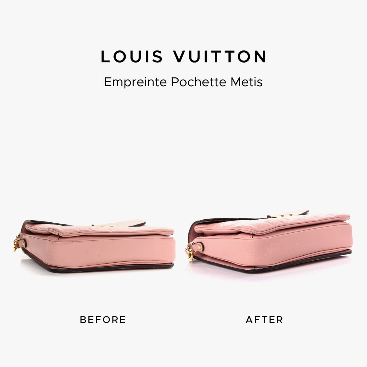 Louis Vuitton Pochette Metis before-and-after photo showing the restoration work of FASHIONPHILE Atelier.