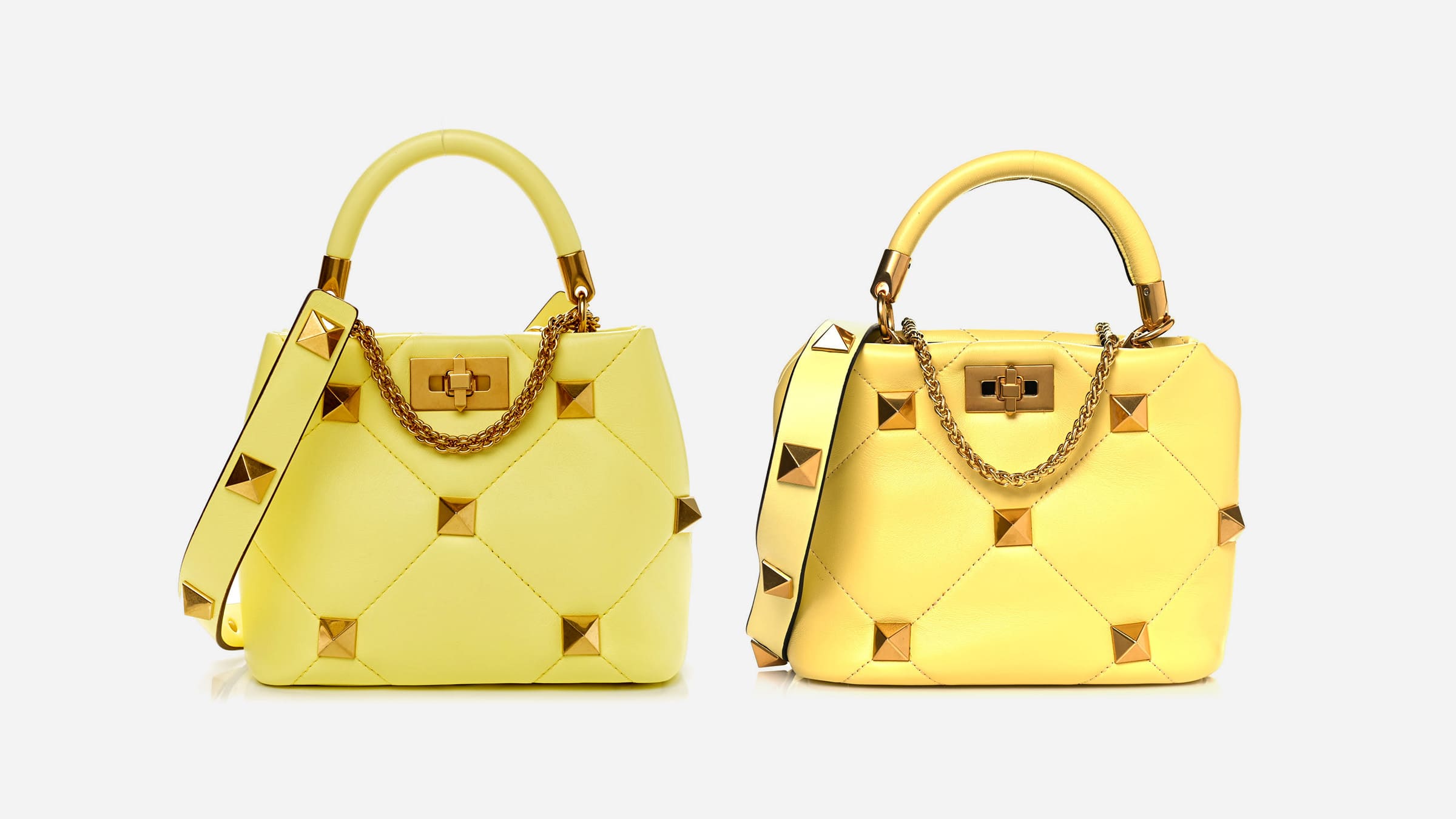 authentic versus fake valentino garavani roman stud top handle bag in yellow by FASHIONPHILE