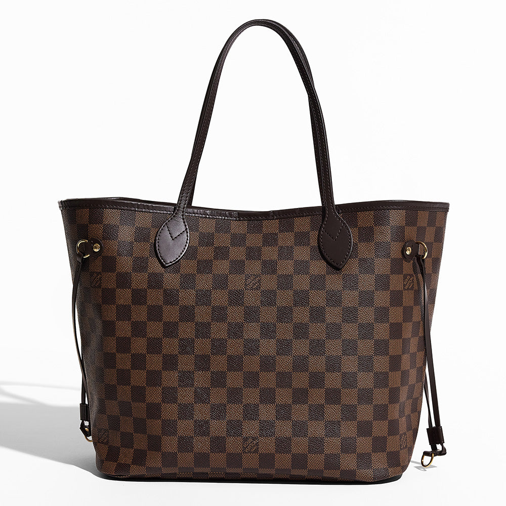 this is a front view image of an authentic Louis Vuitton damier ebene neverfull mm bag