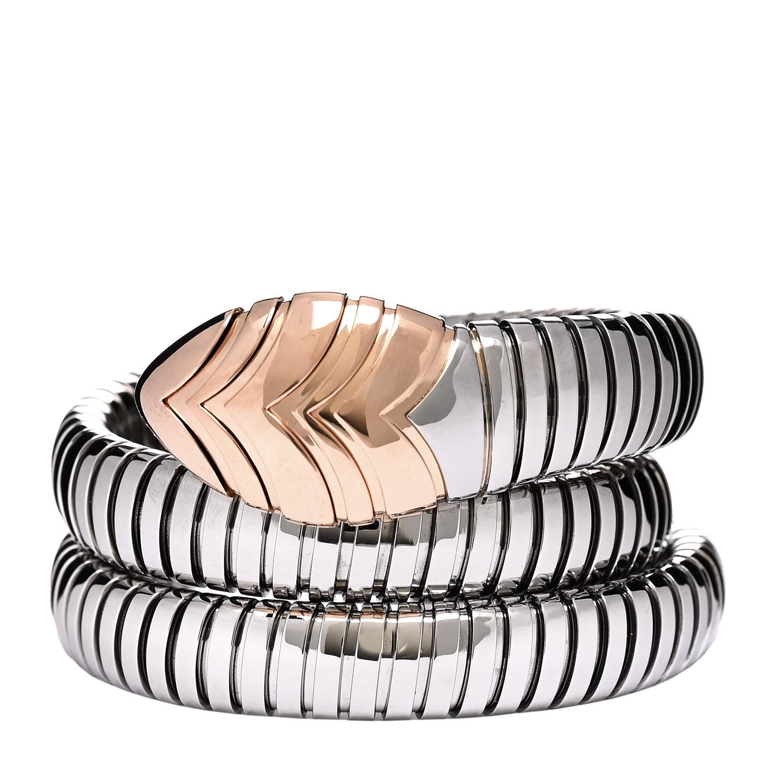 BULGARI Stainless Steel 18K Rose Gold Serpenti Tubogas Double Spiral Bracelet SM