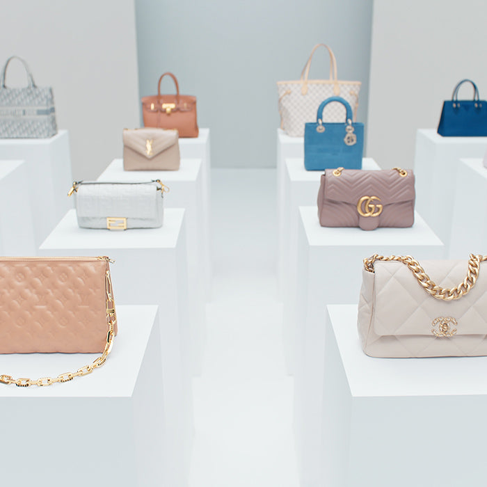 image of ultra-luxury designer handbags on set of FASHIONPHILE commercial