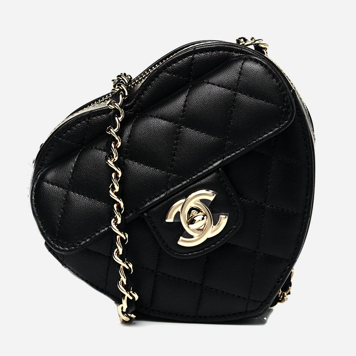 product image of CHANEL Lambskin Quilted CC In Love Heart Clutch With Chain Black FASHIONPHILE