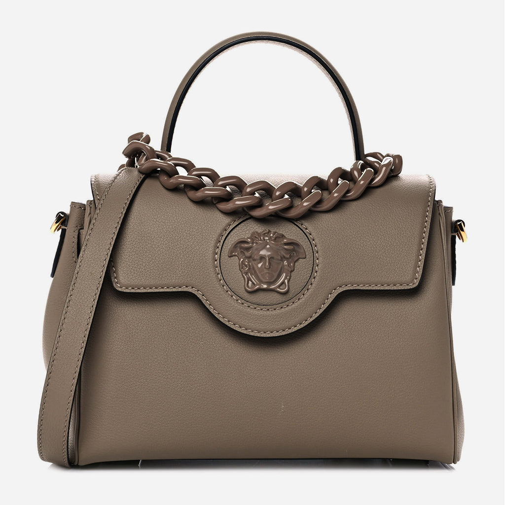 product image of VERSACE Grained Calfskin Medium La Medusa Top Handle Bag in beige at FASHIONPHILE