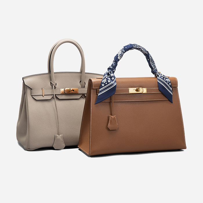 product image of Hermes Birkin and Kelly bags with Twilly scarf styled on the handle FASHIONPHILE