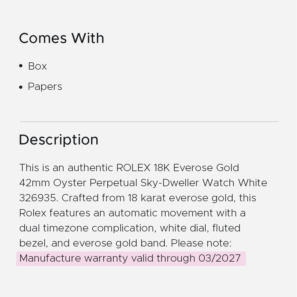 FASHIONPHILE product description for Rolex watch that includes manufacture warranty