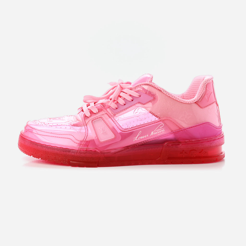 product image of pink Louis Vuitton Mix Materials Transparent Monogram Mens LV Trainer Sneakers at FASHIONPHILE
