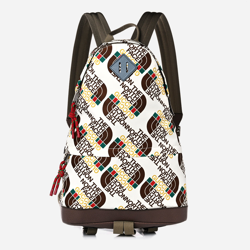product image on white background of gucci and north face backpack at FASHIONPHILE