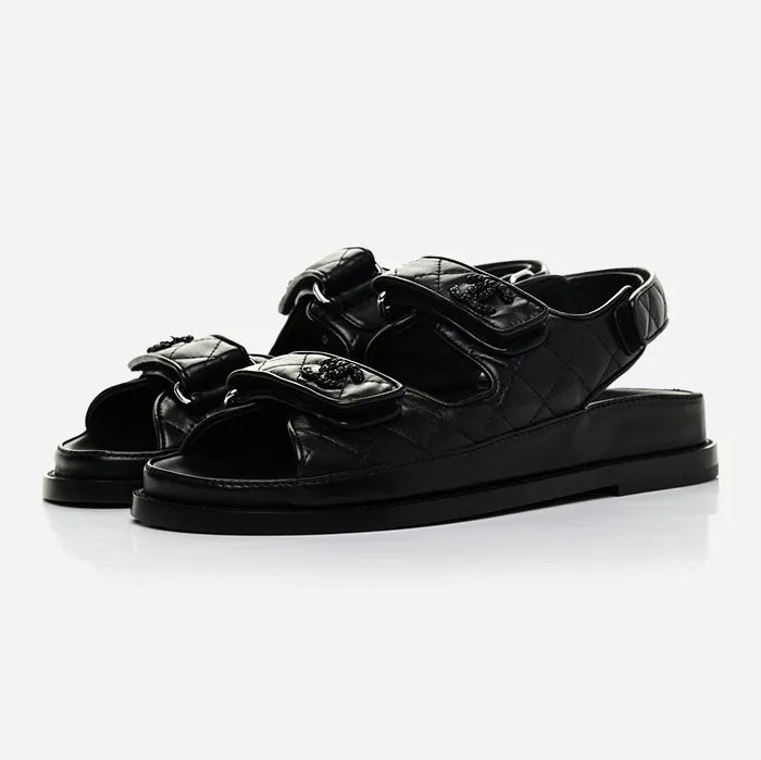 Studio image of black Chanel lambskin velcro Dad Sandals at fashionphile