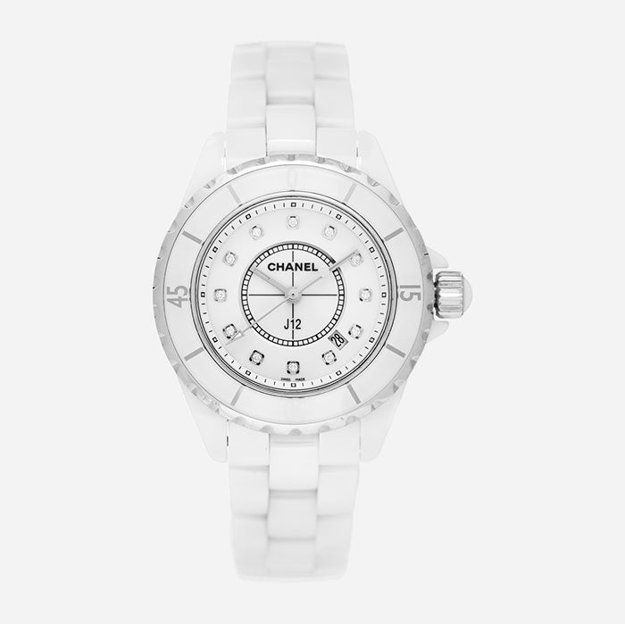 studio image of authentic Chanel J12 watch FASHIONPHILE