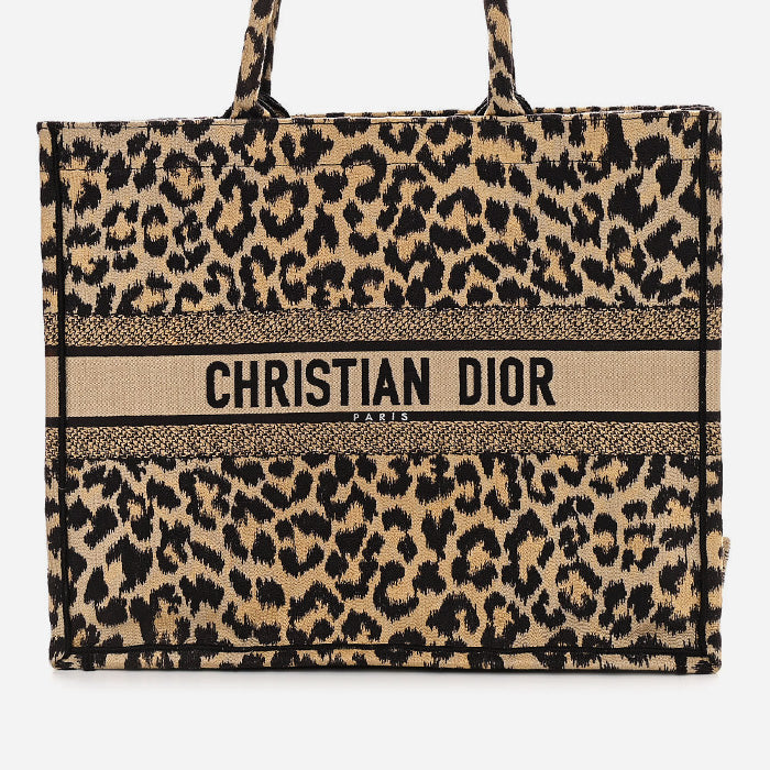 product image of CHRISTIAN DIOR Canvas Mizza Embroidered Large Leopard Book Tote Beige FASHIONPHILE