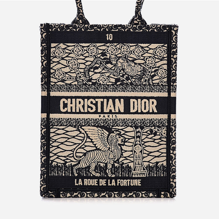 product image of CHRISTIAN DIOR Embroidered La Roue La Fortune Tarot Vertical Book Tote Blue FASHIONPHILE