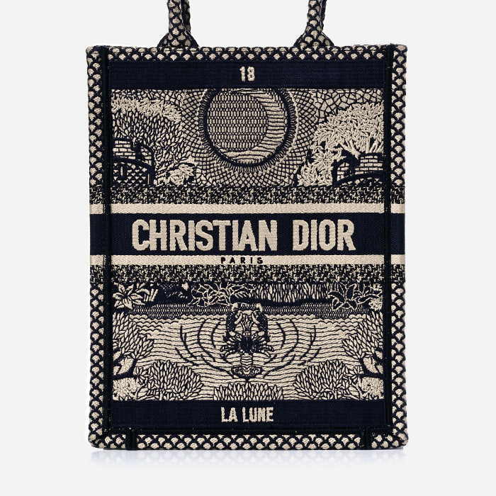 product image of CHRISTIAN DIOR Embroidered La Lune Tarot Vertical Book Tote Blue FASHIONPHILE