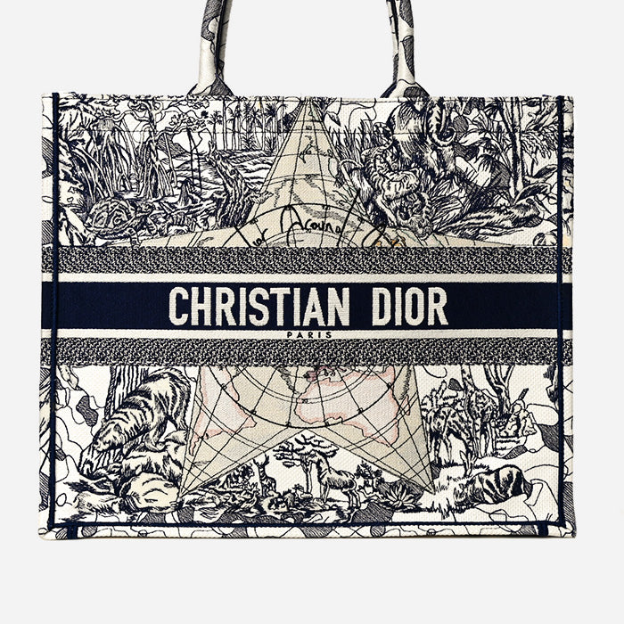 product image of CHRISTIAN DIOR Canvas Embroidered Large Around The World Book Tote Blue FASHIONPHILE
