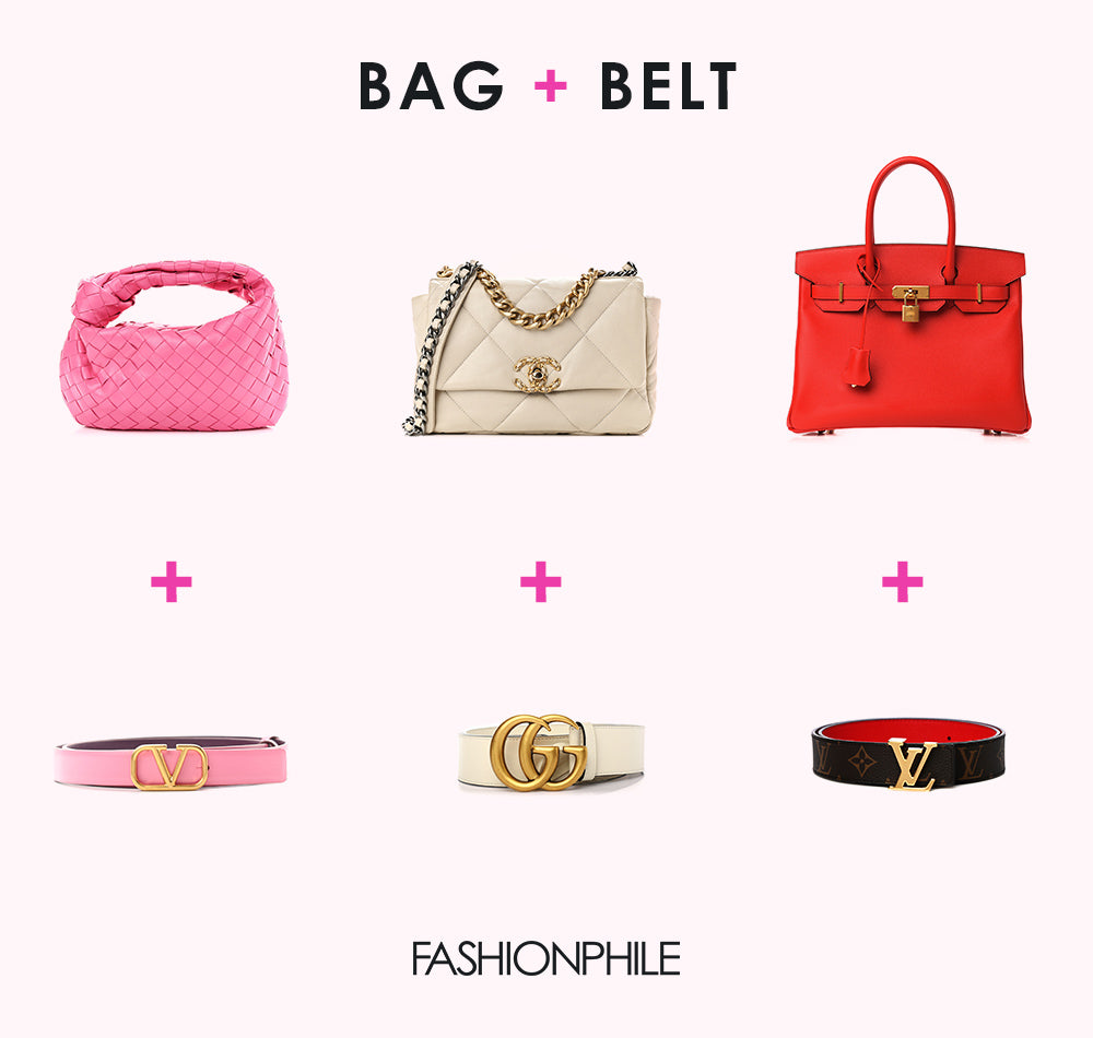 design graphic with designer handbag and belt pairings available to shop at FASHIONPHILE for Valentines Day