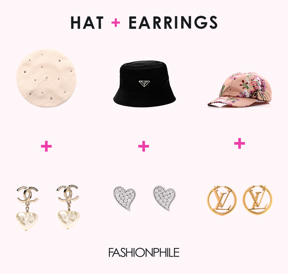 design graphic of hat and earring pairings, perfect gifts for her for Valentines Day available to shop at FASHIONPHILE