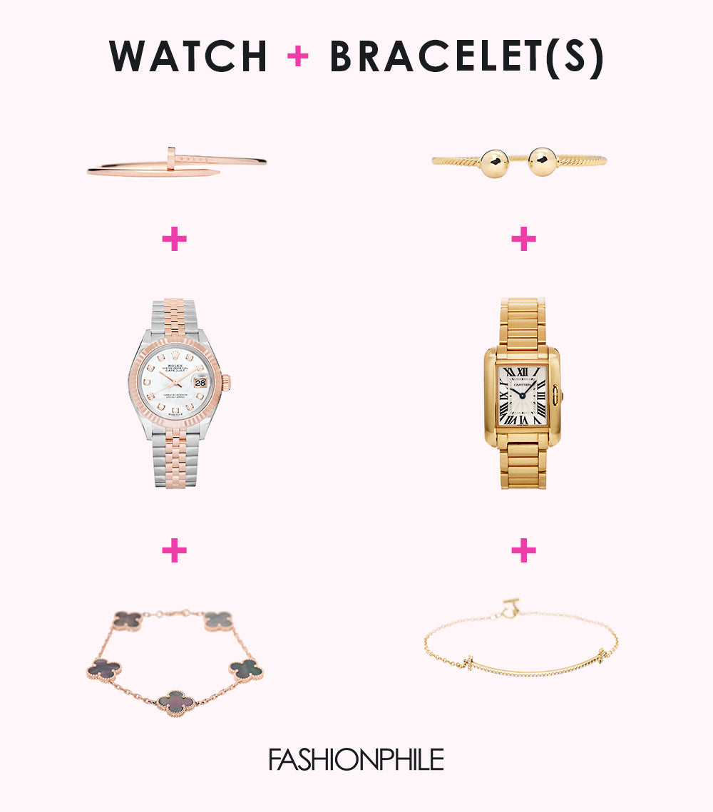 design graphic of designer watches and bracelet pairings perfect for Valentine's day available to shop at FASHIONPHILE