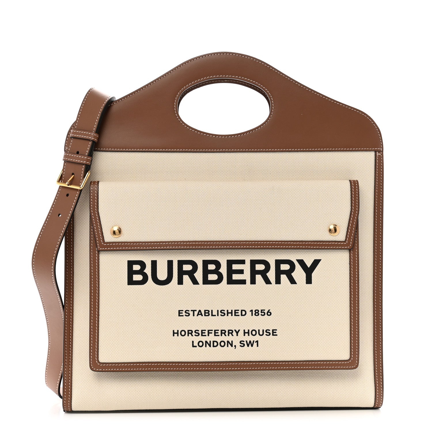 Burberry Canvas Smooth Calfskin Two Tone Medium Pocket Bag Natural Malt Brown
